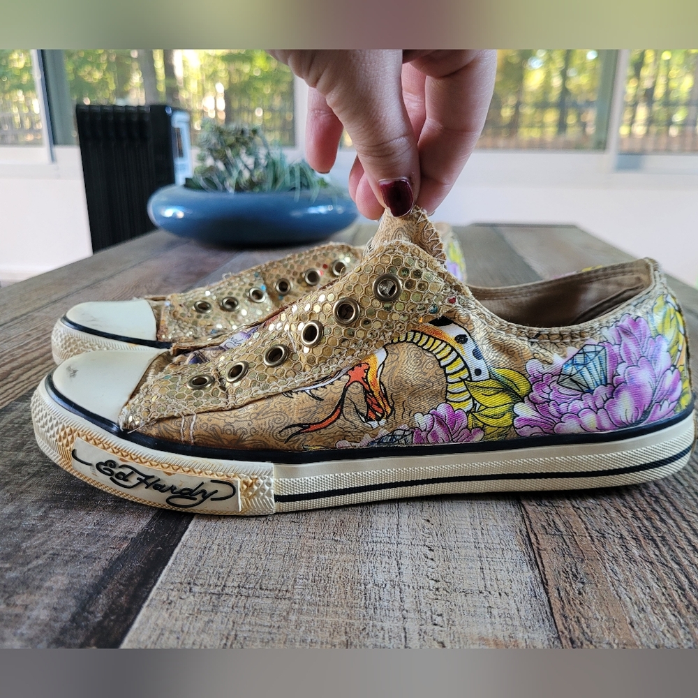 Ed Hardy Colorful Slip-On Sneakers with Gold Accents, Women's 8 - Picture 4 of 10